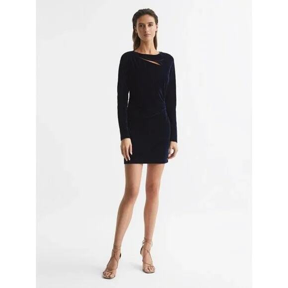 Reiss Dresses & Skirts - REISS $240 Midnight Blue Velvet Long Sleeve Cut Out Mini Dress Size 4